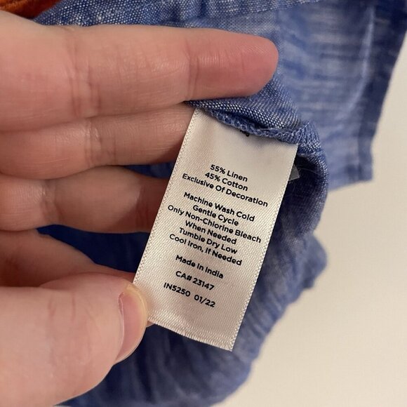 Talbots Women S Blue Linen Cotton Tropical Floral Embroidered Split Neck Top - Picture 10 of 11